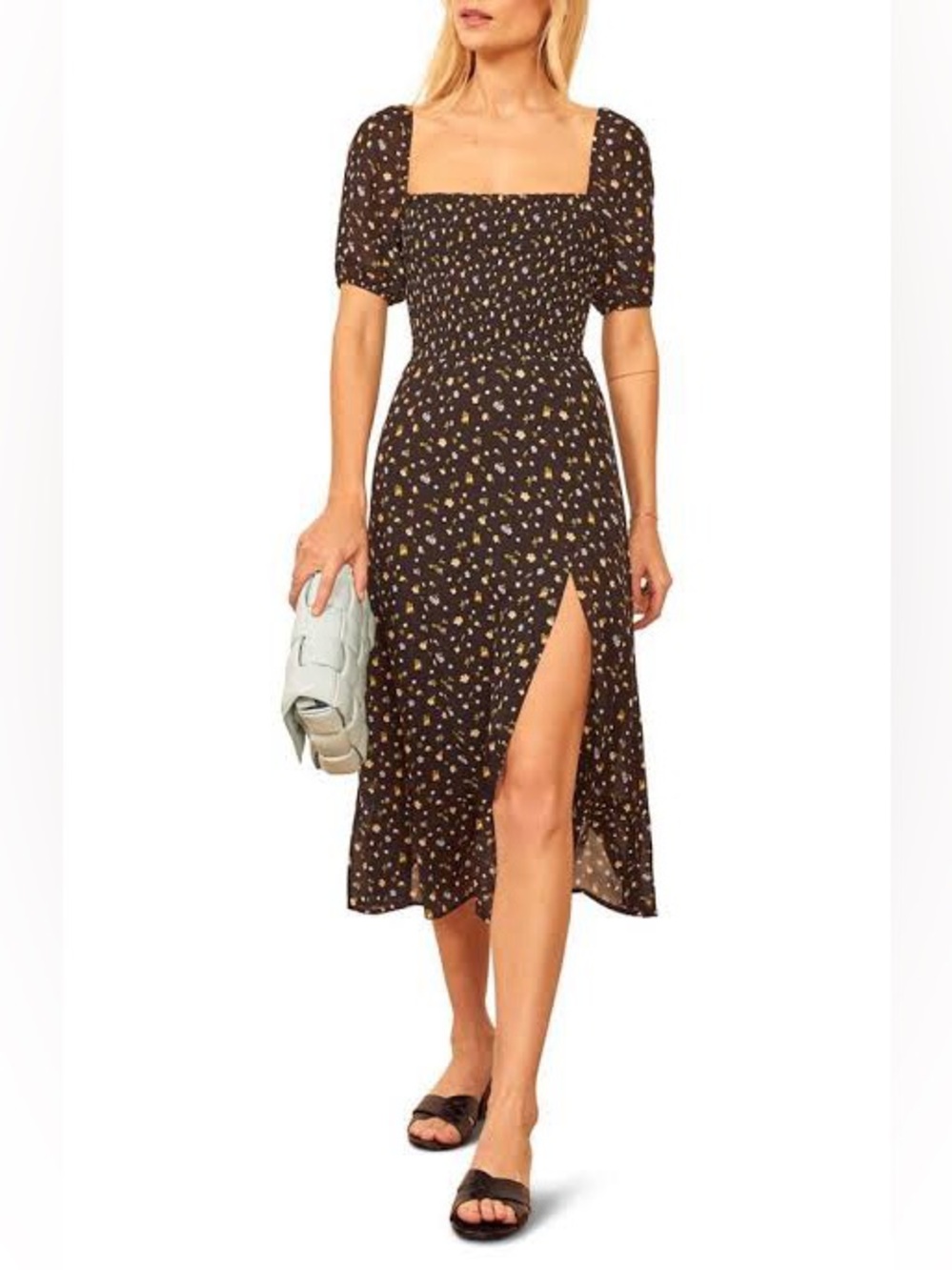 Reformation Black Floral Midi Dress with Yellow & White Print